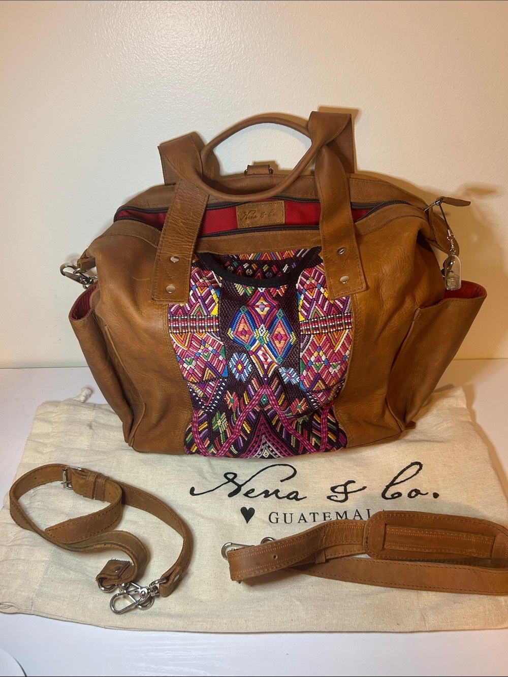 Nena & Co. Tan Leather Tote with Multicolor Woven Front Panel